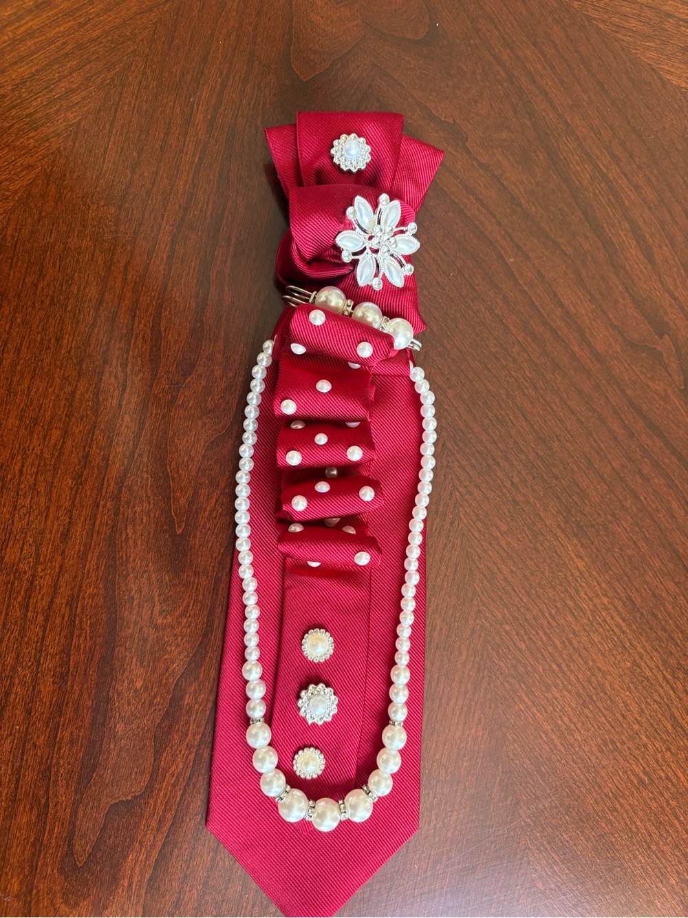 Upcycled Junkie Tie: Red Tie with Pearl & Crystal Embellishments